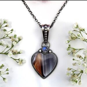 Sterling silver Heart Pendant Necklace with Botswana Agate and Moonstone